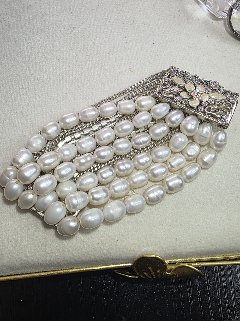 Baroque Freshwater Pearl Multi Strand Bracelet Statement Wide White Silver Tone - Picture 4 of 7